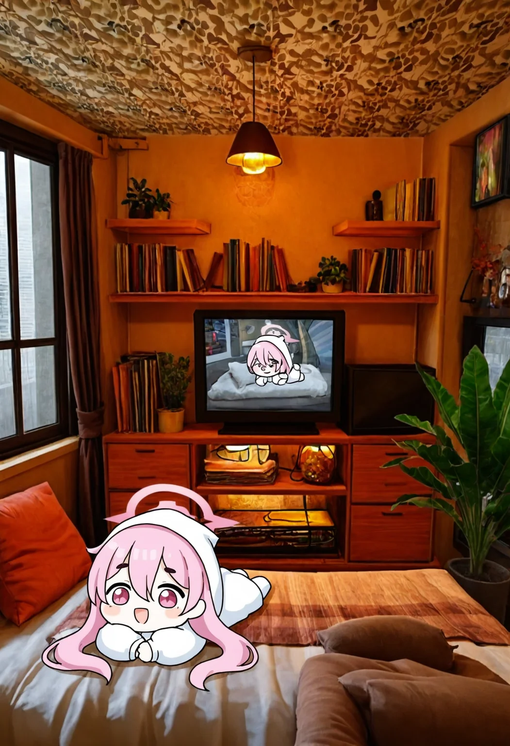 1girl, solo, long hair, smile, open mouth, long sleeves, hair between eyes, pink hair, lying, indoors, hood, chibi, halo, pillow, book, window, plant, on stomach, potted plant, lamp, pink halo, television, photo background, koyuki \(blue archive\) <lora:photo_background:0.8>