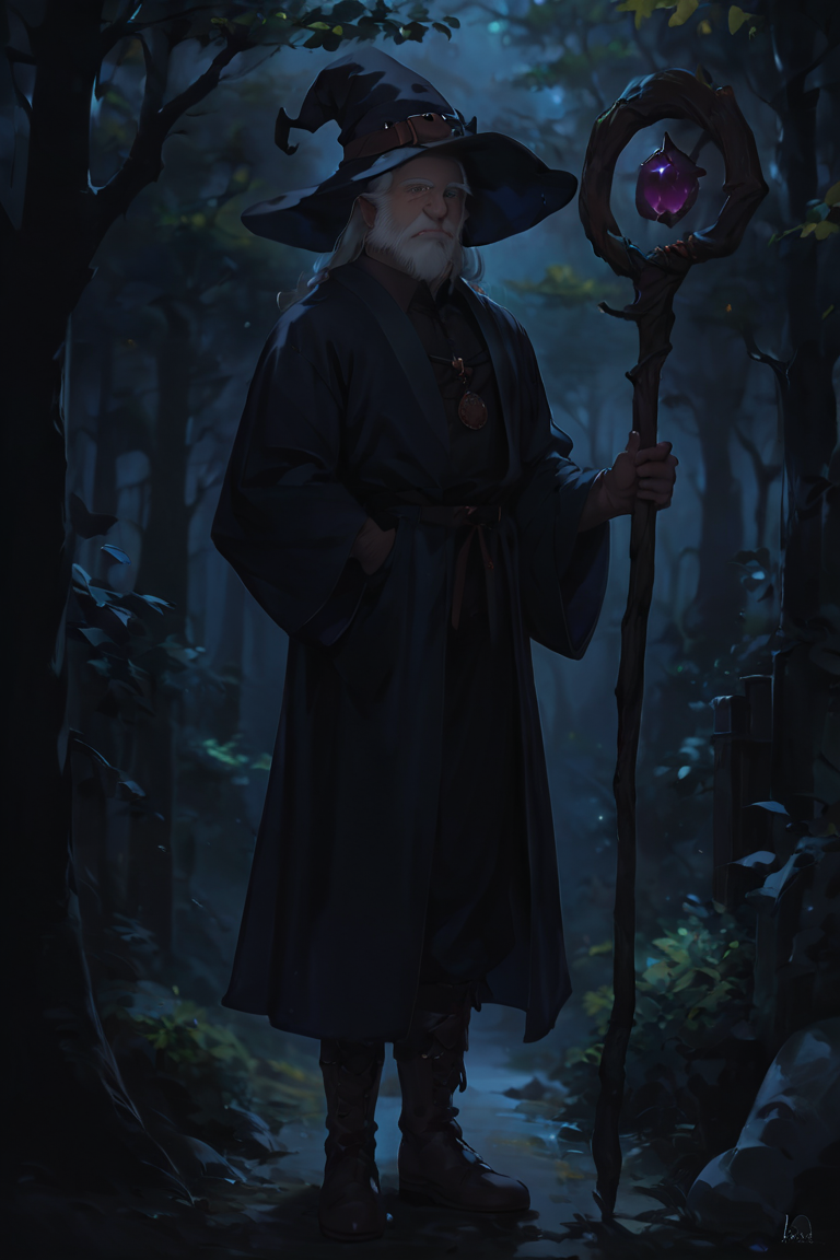 score_9, score_8_up, score_7_up, dark theme, low light, wizard, old, 1boy, old man, male focus, hat, beard, solo, staff, witch hat, facial hair, forest, nature, robe, long hair, looking at viewer, tree, holding, white hair, outdoors, holding staff, boots <lora:Anime Summer Night Style SDXL_LoRA_Pony Diffusion V6 XL:1>