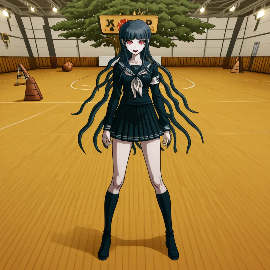 masterpiece, best quality, absurdres, <lora:Danganronpa_Locations:1>,  danganronpa sprite style, danganronpa_sprite_style , <lora:Amemiya_Darumi_Danganronpified:0.4>,1girl,:d,amemiya_darumi,armband,black_boots,black_bow,black_hair,black_sailor_collar,black_serafuku,black_shirt,black_skirt,blood,blood_from_eyes,blue_hair,blunt_bangs,bodysuit,boots,bow,collarbone,full_body,gradient_hair,hair_bow,knee_boots,komatsuzaki_rui,last_defense_academy_school_uniform,long_hair,long_sleeves,miniskirt,mole,mole_under_mouth,multicolored_hair,neckerchief,pleated_skirt,red_eyes,sailor_collar,school_uniform,serafuku,shirt,skirt,smile,solo,standing,tachi-e,the_hundred_line_-last_defense_academy-,two_side_up,very_long_hair,white_armband,white_bodysuit,white_neckerchief , indoor_scene,gymnasium,basketball_court,stage,large_tree_mural,golden_backdrop,illustration,wooden_floor,basketballs,podiums,plaques,wooden_podium,red_plaque,school_logo,shiny_floor,spotlights,stage_lights,orange_floor,brown_podiums,empty_gym,basketball_symbol,danganronpa,danganronpa_(series),danganronpa_2:_goodbye_despair,danganronpa 2,danganronpa sprite style,danganronpa_sprite_style