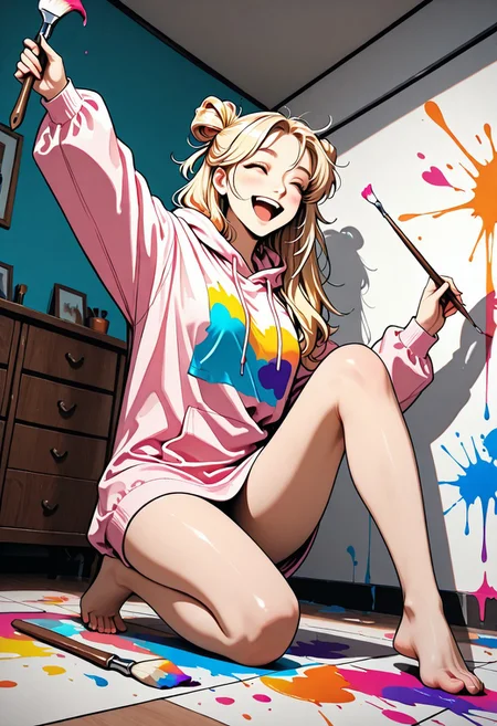 masterpiece, best quality, flat color, 1girl, woman, Bunij, blonde hair, hair buns, brown eyes, large oversized hoodie, hoodie dress, bare legs, bare feet, happy, laughing, Expressiveh, holding paint brush, painting walls, colorfull paint everywhere, dynamic pose, dynamic angle, detailed background, empty room, white walls, colorfull paint splashes on walls, sunny day, highly detailed, zPDXLpg