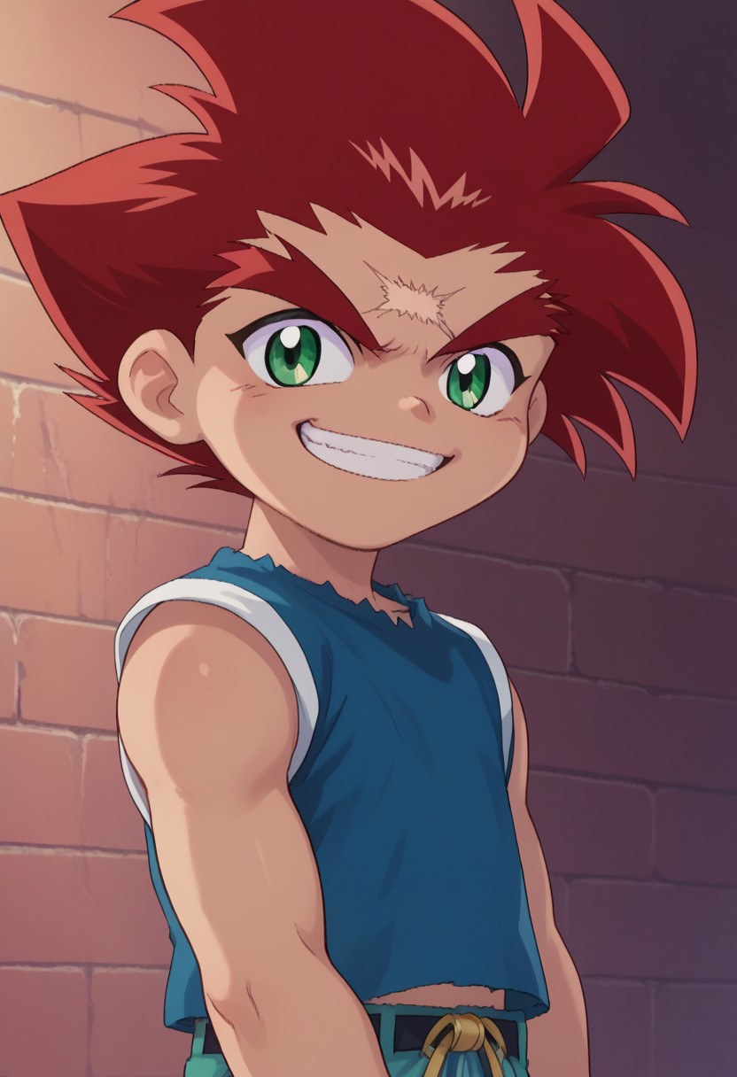 score_9, score_7_up, source_anime
DaichiSumeragi, 1boy, male child, male focus, solo, green eyes, red hair, spiked hair, scar, scar on forehead, shirt, blue shirt, smile, upper body, grin
outdoor,