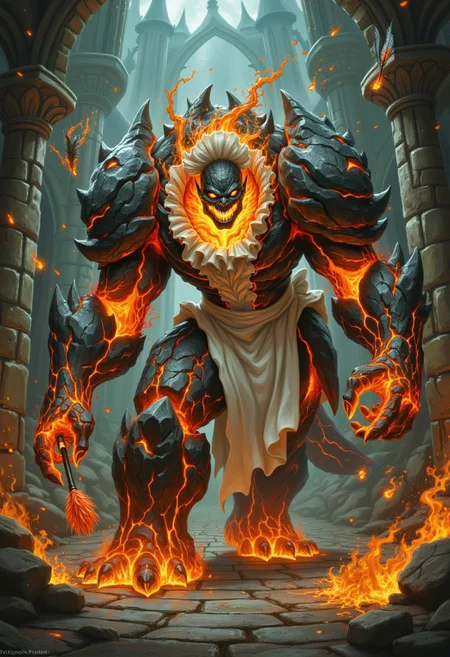 A massive Warcraft Infernal made of molten rock and fire, wearing a frilly French maid outfit including hat, holding a tiny feather duster. It looks confused as it clumsily tries to clean a stone castle, leaving scorch marks everywhere. Hyper-detailed, comedic fantasy style, Blizzard-inspired