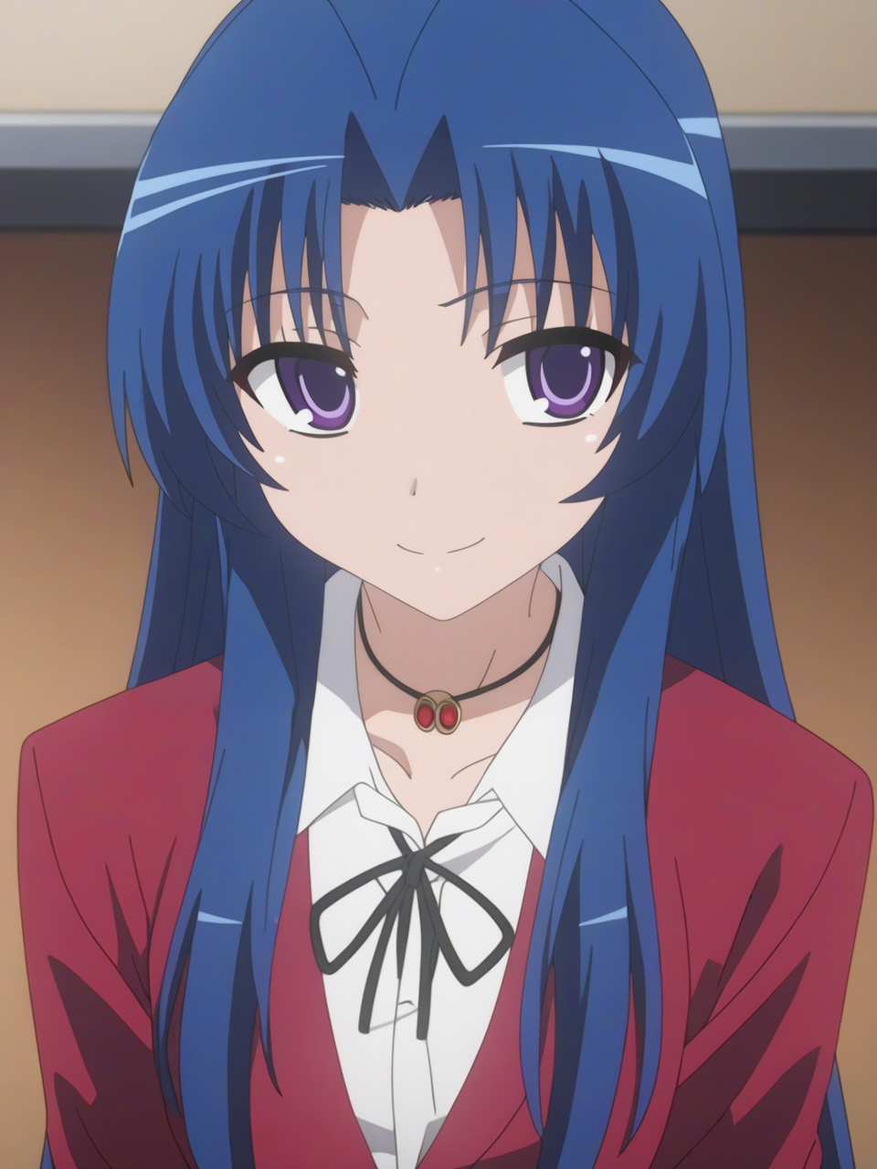 best quality,masterpiece,highres,absurdres,1girl,solo,newest,rating: explicit,nsfw, looking at viewer ,   <lora:Ami_Kawashima_XL-step00001400:0.8> ,(ami_kawashima, long hair, blue hair, purple eyes, anime coloring),(oohashi high school uniform, school uniform, ribbon, jewelry, necklace, shirt, jacket),smile