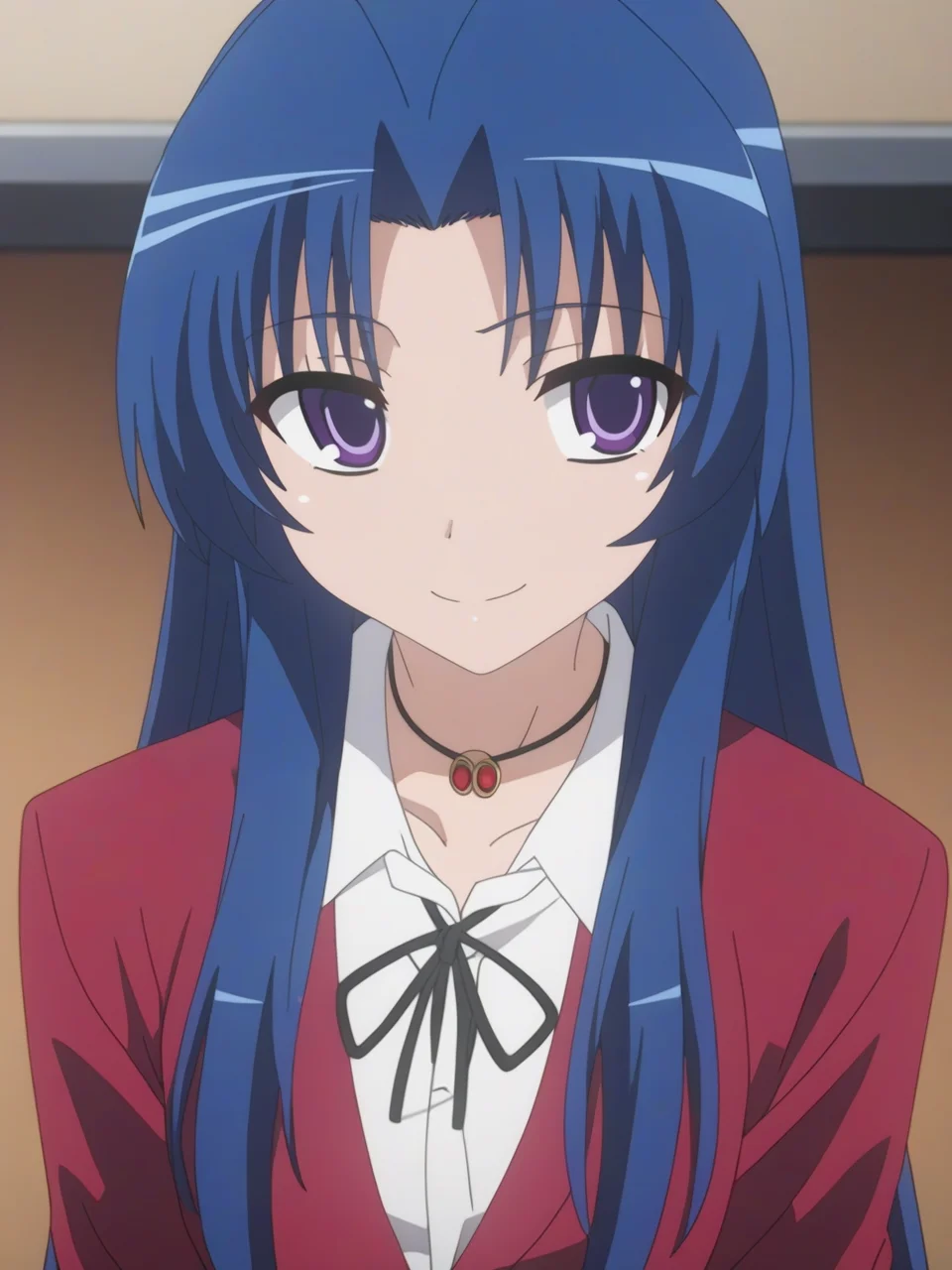 best quality,masterpiece,highres,absurdres,1girl,solo,newest,rating: explicit,nsfw, looking at viewer ,   <lora:Ami_Kawashima_XL-step00001400:0.8> ,(ami_kawashima, long hair, blue hair, purple eyes, anime coloring),(oohashi high school uniform, school uniform, ribbon, jewelry, necklace, shirt, jacket),smile