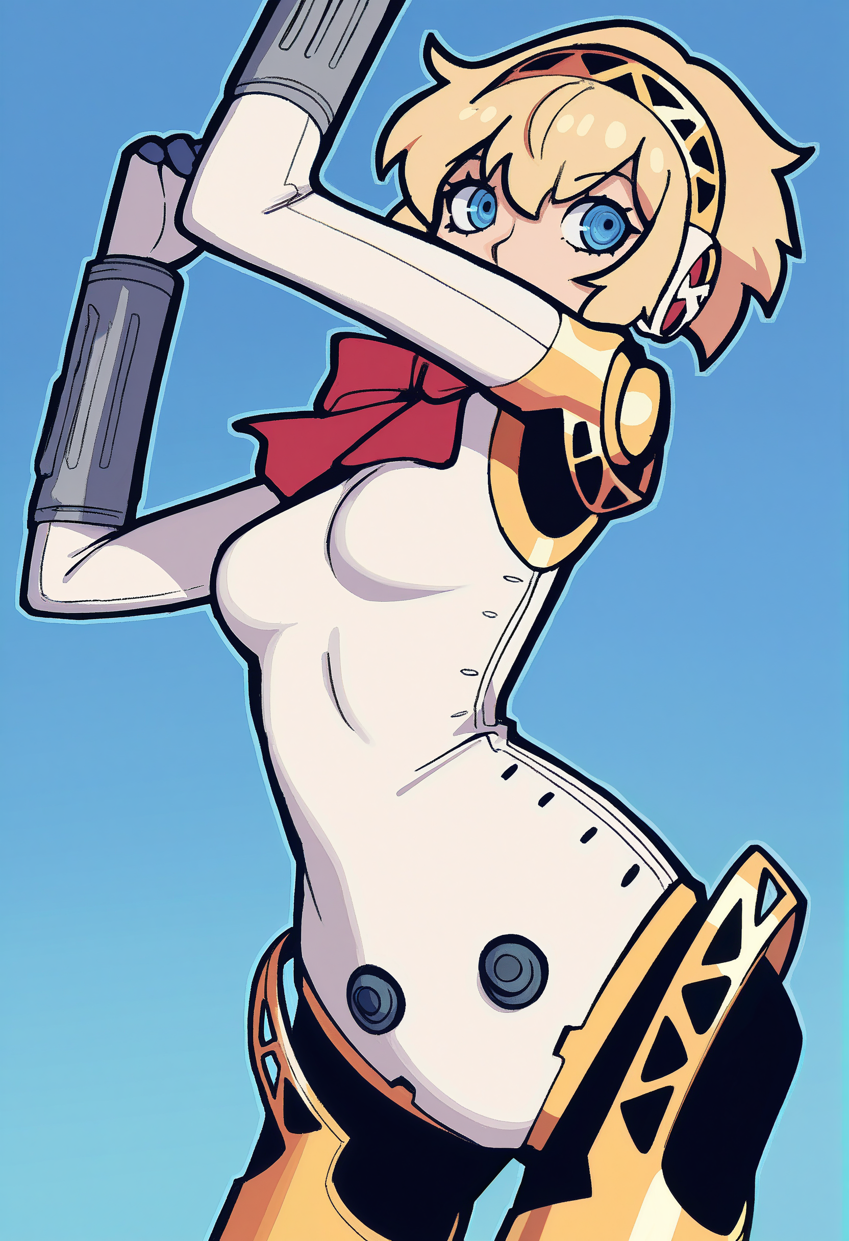 1girl, solo, aegis \(persona\), blue background, 
masterpiece, best quality, <lora:welwraith-guy90-Illust-Lycorisv1:1> welith