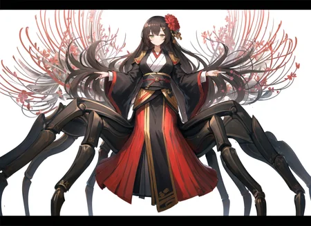 1girl, arachne, (largebreasts:1.3), arthropod girl, arthropod limbs, bangs, black gloves, black kimono, breasts, brown hair, closed mouth, extra eyes, extra legs, fingerless gloves, flower, full body, gloves, green eyes, hair flower, hair ornament, japanese clothes, kimono, large breasts, long hair, long sleeves, looking at viewer, monster girl, red flower, simple background, smile, solo, spider girl, spider lily, taur, white background, wide sleeves, lansane, clover theater, official art, <lora:spider_girl_v1:1>