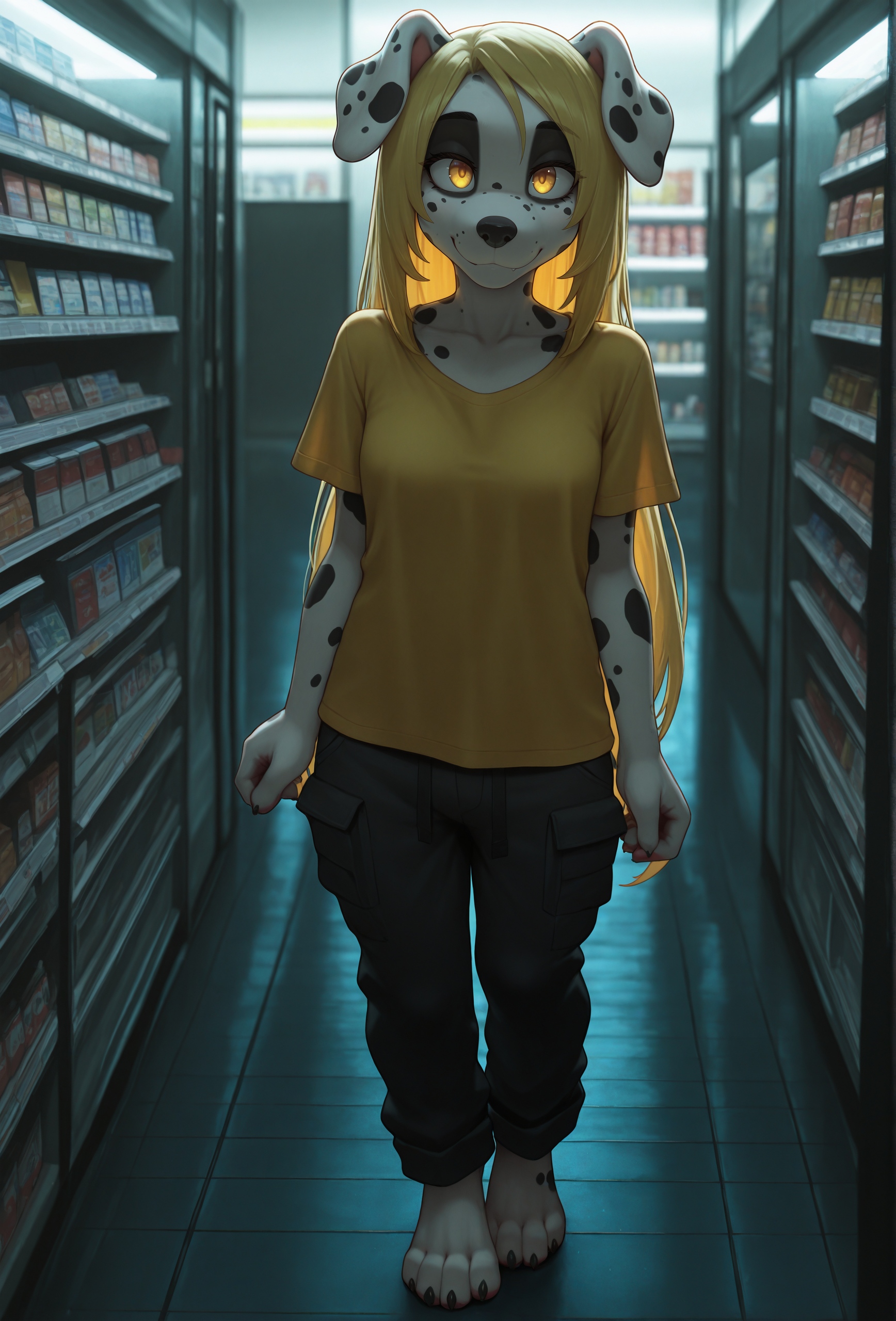 (masterpiece, best quality, very aesthetic, absurdres:1.2)  <lora:rysonanthrodog_style_illustrious_v1:1> rys0nstyle, 1girl, furry, solo, looking at viewer, smile, dalmatian yellow hair, yellow eyes, very long hair BREAK
yellow t-shirt, black cargo pants, convenience store, dark, low lighting, dim lighting, detailed background, feet