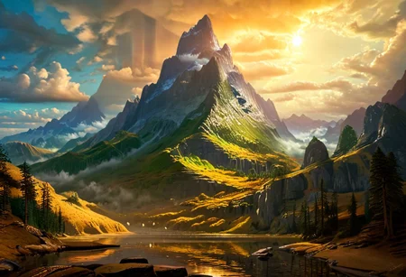 landscape scene reflecting the strength and solidity of earth, majestic mountains, lush forests, cavernous underground realms, golden hour, realistic, incredible, ultra-detailed, unique perspective, mysterious colossal creature towering in the distance