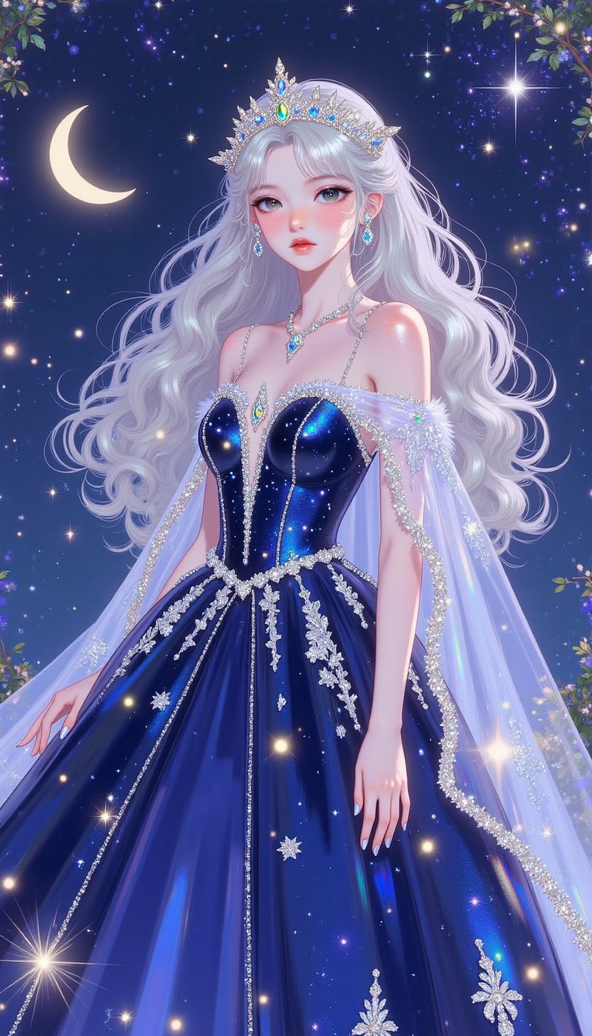 pinkprismaticglow, 
A princess with waist-length silver hair styled in loose cascading waves, adorned with delicate crystal tiara. She wears a midnight-blue ball gown with silver embroidery and a flowing cape of sheer fabric, glittering like stardust. The background is a serene night sky filled with shimmering stars and glowing constellations, with a crescent moon casting a soft, ethereal light.