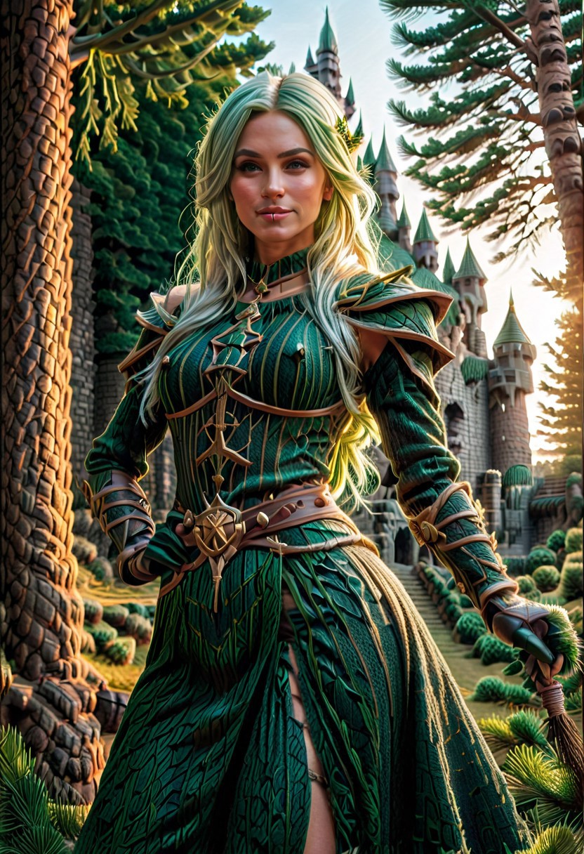 pines and needles, beautiful female, dressed as witch, score_9, score_8_up, score_7_up,  UHD, 16K, masterpiece, detailed, ultra_high_resolution, lots of detail, (photo realistic:1.4), (small waist:1.4), (slender:1.2), fitness body, wide hips, slender legs, high cheekbones, oval face, 30 years old, mature female, makeup, pretty face, SUPERMODEL, jewelry, sweater made of pines, solo, only illuminated by the setting sun, golden glow, sunset, one pine tree, seductive smile, sultry, serious stare, stern look, natural skin, long hair, belt, knee boots with buckles, (long skirt made needles:1.6),  MagicianAi, green pentacle, dress, choker, bracer, long sleeves, gloves, white hair, green hair tips,  lyarah, low angle, dynamic agile position, (fully dressed:1.8), agile position, dynamic picture, (elbow gloves:1.8). (fantasy castle made of pines:2.9), (natural hands:1.4), correct hands.