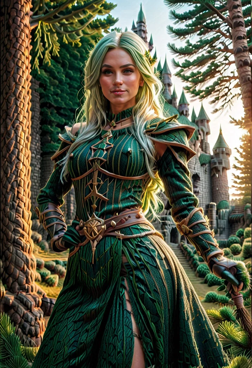 pines and needles, beautiful female, dressed as witch, score_9, score_8_up, score_7_up, UHD, 16K, masterpiece, detailed, ultra_high_resolution, lots of detail, (photo realistic:1.4), (small waist:1.4), (slender:1.2), fitness body, wide hips, slender legs, high cheekbones, oval face, 30 years old, mature female, makeup, pretty face, SUPERMODEL, jewelry, sweater made of pines, solo, only illuminated by the setting sun, golden glow, sunset, one pine tree, seductive smile, sultry, serious stare, stern look, natural skin, long hair, belt, knee boots with buckles, (long skirt made needles:1.6), MagicianAi, green pentacle, dress, choker, bracer, long sleeves, gloves, white hair, green hair tips, lyarah, low angle, dynamic agile position, (fully dressed:1.8), agile position, dynamic picture, (elbow gloves:1.8). (fantasy castle made of pines:2.9), (natural hands:1.4), correct hands.