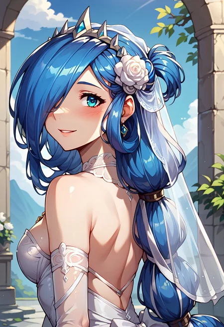 score_9, score_8_up, score_7_up, <lora:pony_xl_dana:1>, Dana, 1girl, solo, hair over one eye, shiny hair, wedding dress, hair flower, blush, happy