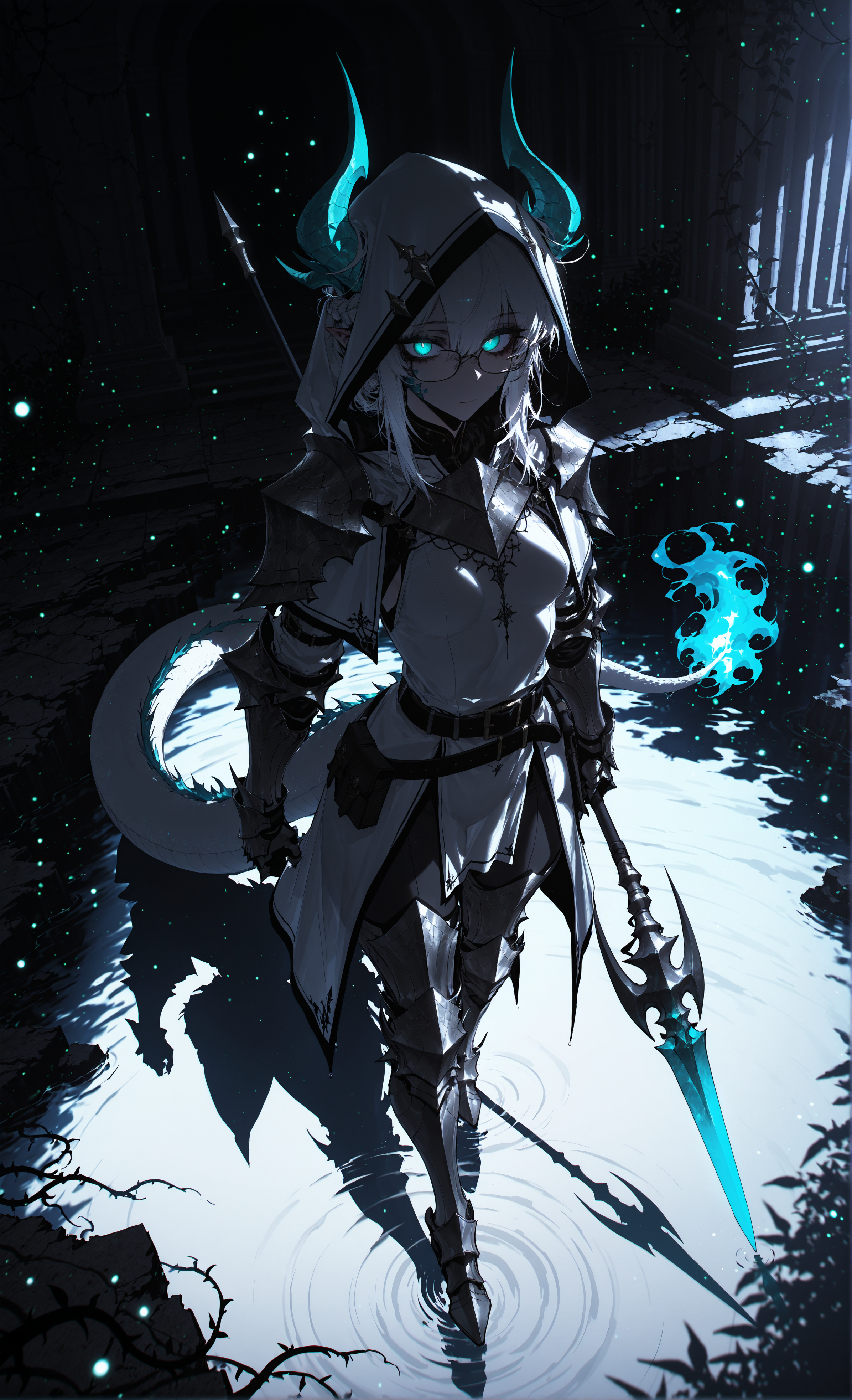 masterpiece, sharp detail, intricate detail, hair shader, 1girl, (j.k. ,rella, konya karasue), mature female, dragon girl, white dragon tail, white dragon horns, white hair, black tips, medium hair, french braid, glasses, pointy ears, aqua eyes, small breasts, light armor, hood up, horns, armored boots, gauntlets, belt, glowing eyes, ancient ruins, broken wall, dynamic angle, vines, wading, walking, holding spear, contrast dark and lights, weak single light ray, light particles, reflective water, from above, partially illuminated, <lora:V2_yakumo_alchemy:0.7> glowing, glowing particles, glowing light particles, light particles, aqua flame-tipped tail, white theme,  chiaroscuro, volumetric lighting, dappled light, dramatic shadows, cinematic lighting, detailed background, light and shadow contrast, <lora:darkness_xl_v20:0.5>