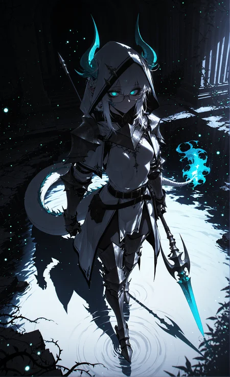 masterpiece, sharp detail, intricate detail, hair shader, 1girl, (j.k. ,rella, konya karasue), mature female, dragon girl, white dragon tail, white dragon horns, white hair, black tips, medium hair, french braid, glasses, pointy ears, aqua eyes, small breasts, light armor, hood up, horns, armored boots, gauntlets, belt, glowing eyes, ancient ruins, broken wall, dynamic angle, vines, wading, walking, holding spear, contrast dark and lights, weak single light ray, light particles, reflective water, from above, partially illuminated, <lora:V2_yakumo_alchemy:0.7> glowing, glowing particles, glowing light particles, light particles, aqua flame-tipped tail, white theme, chiaroscuro, volumetric lighting, dappled light, dramatic shadows, cinematic lighting, detailed background, light and shadow contrast, <lora:darkness_xl_v20:0.5>