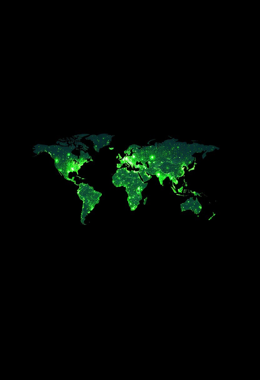 Minimalistic particle silhouette of a really beautiful map of World, composed of glowing green particles and digital noise. Simple and elegant, designed for icon-style usage. Soft glow dispersed light particles, subtle pixelation, and a smooth black background. High contrast, clean edges, and abstract form
