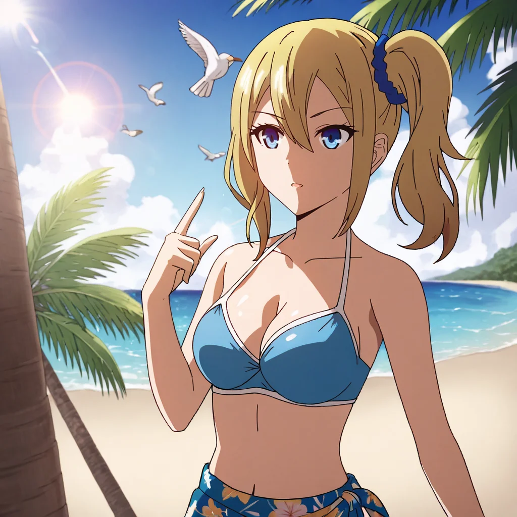 <lora:hayasakaai_pony_v1:0.79> Hayasaka, 1girl, solo, blue scrunchie, blonde hair, hair scrunchie, blue eyes, side ponytail, hair ornament, hair between eyes, medium breasts, bangs, sidelocks, medium hair, cowboy shot,, wearing a bikini, wearing a floral pattern skirt, at a tropical beach, (sunlight), palm trees, flying birds, radiant light, ray tracing, optical flare, sunglare, perfect face, perfect eyes, sharp focus, big breasts