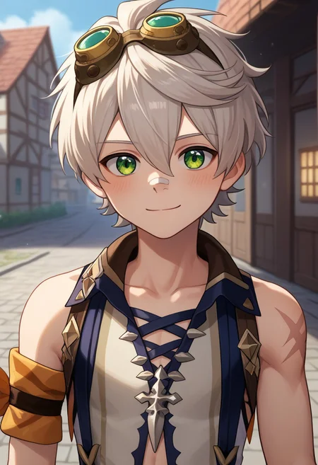 score_9, score_7_up, source_anime,
bennett, 1boy, male focus, solo, green eyes, grey hair, short hair, hair between eyes, bangs, goggles, goggles around neck, bandaid, bandaid on nose, shirt, white shirt, sleeveless, collarbone, scar, scar on arm, upper body, smile, blush, closed mouth,
outdoor, village, medieval,