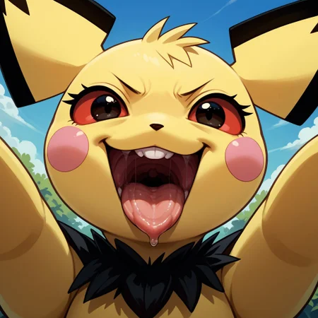 score_9, score_8_up, score_8, score_7, source_anime, Solo, semi-anthro, pokemon (creature), rodent, pichu, yellow and black fur, black pupils, red sclera, black tail, pink cheeks, large ears, looking at viewer, face focus, smile, smirk, grin, mouth shot, mawshot, open mouth, vore, imminent vore, oral invitation, saliva, tongue, throat, dutch angle,