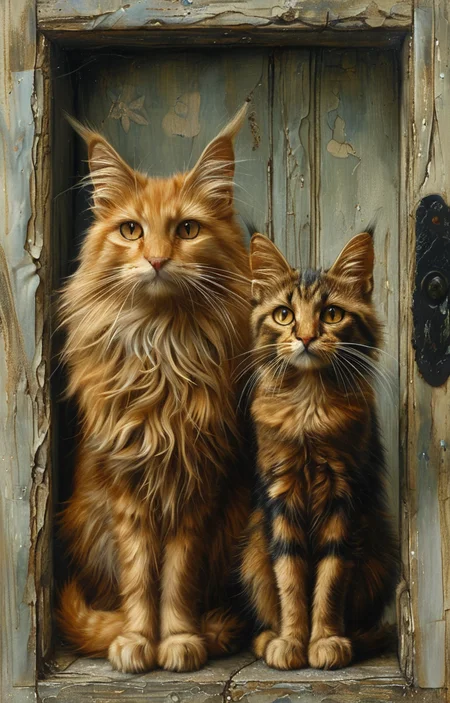 masterpiece,best quality,<lora:tbh163-sdxl:0.9>,illustration,style of Mike Worrall, cute Mainecoon cat and Abyssinian cat