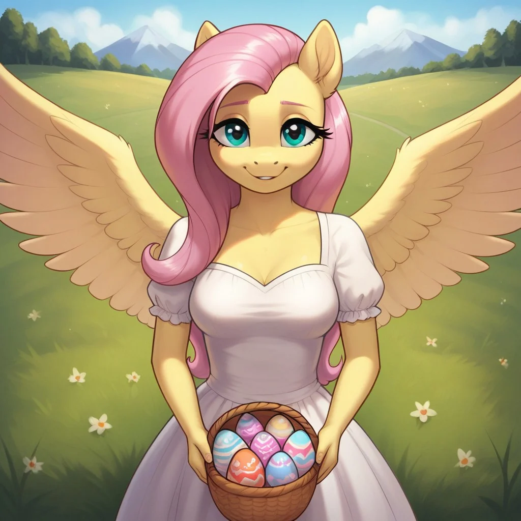 score_9, score_8_up, score_7_up, score_6_up, realistic illustration, dramatic angle, meadow, grass field, outdoors, close view, 1girl, solo, fluttershy, (anthro pony), 18 yo, tail, wings, petite body, shiny skin, medium breasts, white dress, long dress, seduce, seducing, horny face, inviting look, dynamic pose, dramatic angle, standing, looking at you, upper body, easter eggs, basket, holding basket with hands, easter eggs in basket