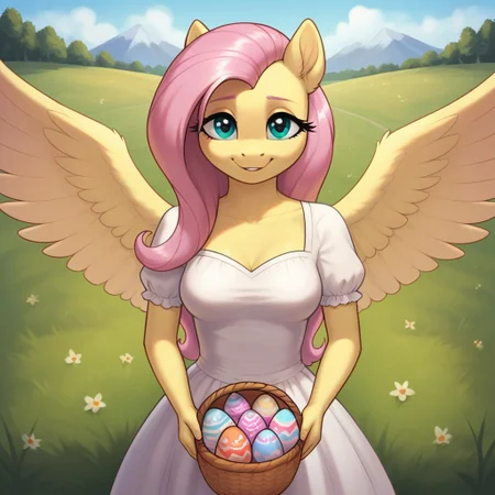 score_9, score_8_up, score_7_up, score_6_up, realistic illustration, dramatic angle, meadow, grass field, outdoors, close view, 1girl, solo, fluttershy, (anthro pony), 18 yo, tail, wings, petite body, shiny skin, medium breasts, white dress, long dress, seduce, seducing, horny face, inviting look, dynamic pose, dramatic angle, standing, looking at you, upper body, easter eggs, basket, holding basket with hands, easter eggs in basket