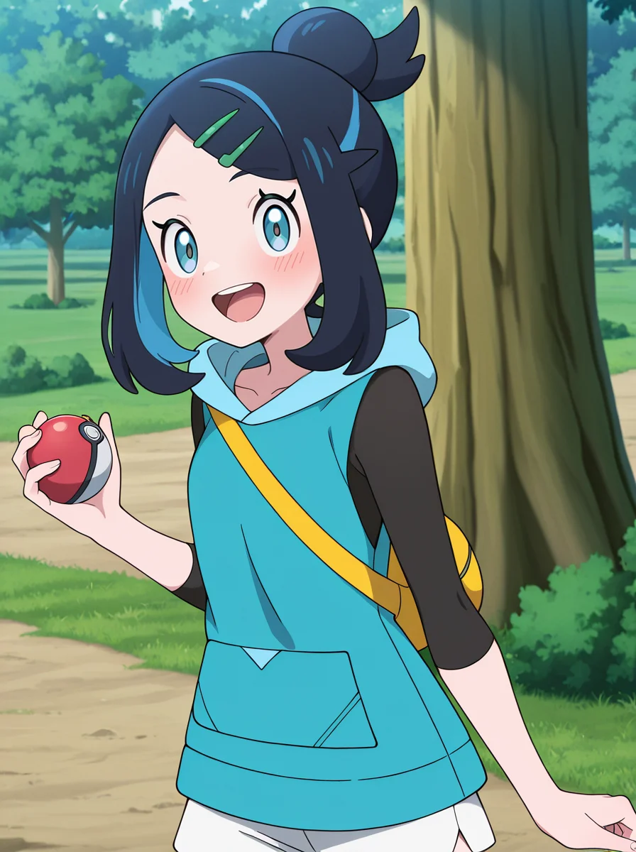 masterpiece, best quality, amazing quality, very aesthetic, absurdres, newest, anime screenshot, anime coloring , <lora:LikoMegaVoltage:1>likomega, 1girl, hair ornament, hairclip, solo, smile, shorts, black hair, white shorts, blue hair, blush, single hair bun holding poke ball, poke_ball open mouth, happy, upper body, looking at viewer,