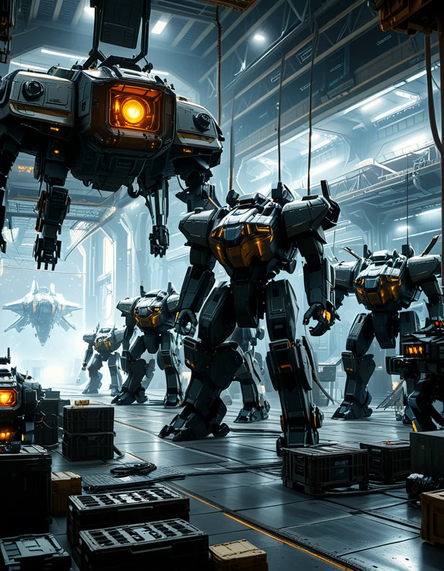 A massive, futuristic spaceship hangar filled with towering battle mechs undergoing maintenance. The hangar is dimly lit, with industrial lighting casting a cold, bluish glow over the metallic surfaces. The high ceiling is lined with steel support beams, catwalks, and suspended cranes used for repairing the massive war machines. The walls are adorned with warning signs, control panels, and illuminated holographic displays providing diagnostic data on the mechs. In the foreground, a colossal mech stands on a heavy-duty platform, its armored plating showing signs of battle damage, with exposed mechanical parts being worked on by robotic arms. The ground is marked with yellow hazard lines and scattered with tools, power cables, and spare parts. Steam rises from various vents, adding to the gritty, industrial feel. In the background, more mechs are stationed in docking bays, with their weapons and mechanical limbs being adjusted by automated repair systems. A large open bay door at the far end reveals the vastness of space, with distant stars and a massive planet visible beyond the hangar. The scene is detailed, immersive, and full of high-tech military sci-fi energy.
<lora:SDXLFaeTastic2400:0.4> <lora:extremely_detailed:0.4> extremely detailed,<lora:mechwarriors_spaceship_h4ng4r:1>,mechwarriors spaceship h4ng4r, Masterpiece,best quality,hi res,8k,hi res,8k,award winning,(sharp focus, intricate, highly detailed),