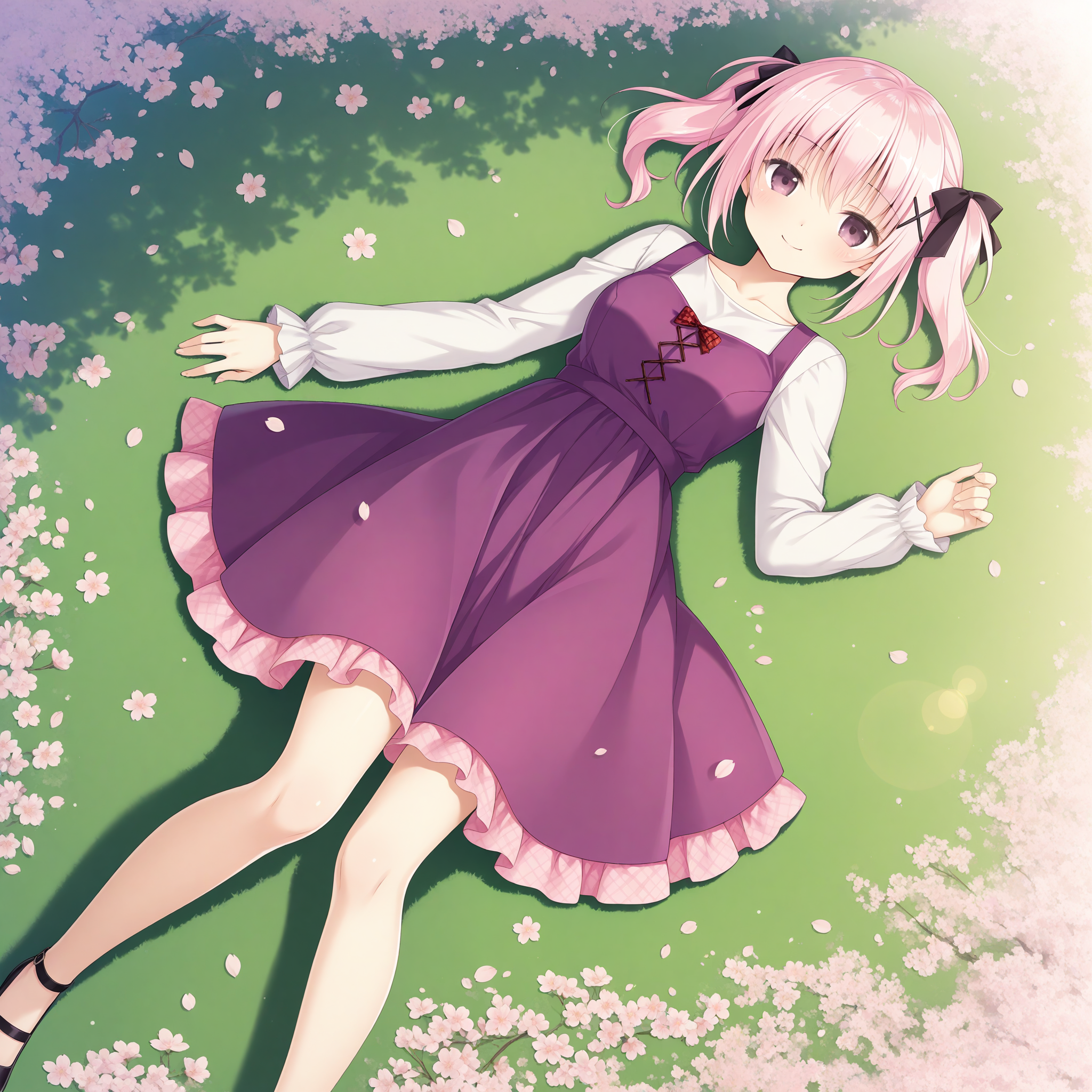 <lora:Melissa_1_nai-000040:1>,Melissa,twintails,x hair ornament,
hair bow,black bow,long sleeves,sleeveless dress,purple dress,frilled dress,pink frills,pinafore dress,white shirt,chest bow,red bow,plaid bow,criss-cross strings,frilled sleeves,
BREAK
1girl,solo,smile,lying,on ground,flower field,looking at viewer,from above,dutch angle,full body,falling petals,cherry blossoms,lens_flare,legs apart,on back,