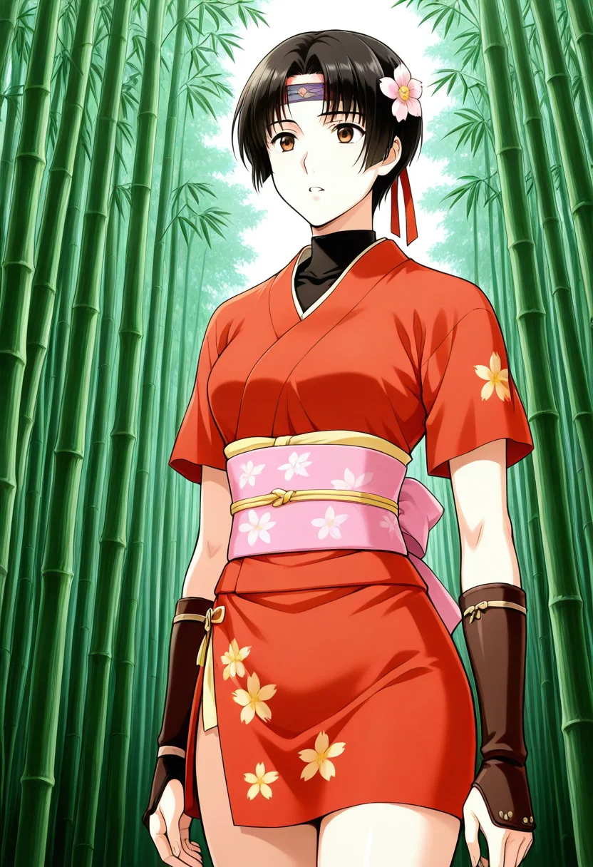 1girl, solo, linroninsoul, black hair, short hair, parted bangs, hair flower, headband, brown eyes, short kimono, short sleeves, floral print, shirt, turtleneck, obi, sash, kote, japanese clothes, outdoors, bamboo forest, standing, cowboy shot, parted lips,