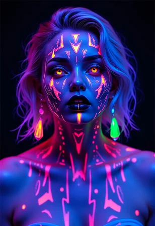 A portrait of a pale person with geometrical face paint and special neon hair. w3p0rtra1t. bo-neon