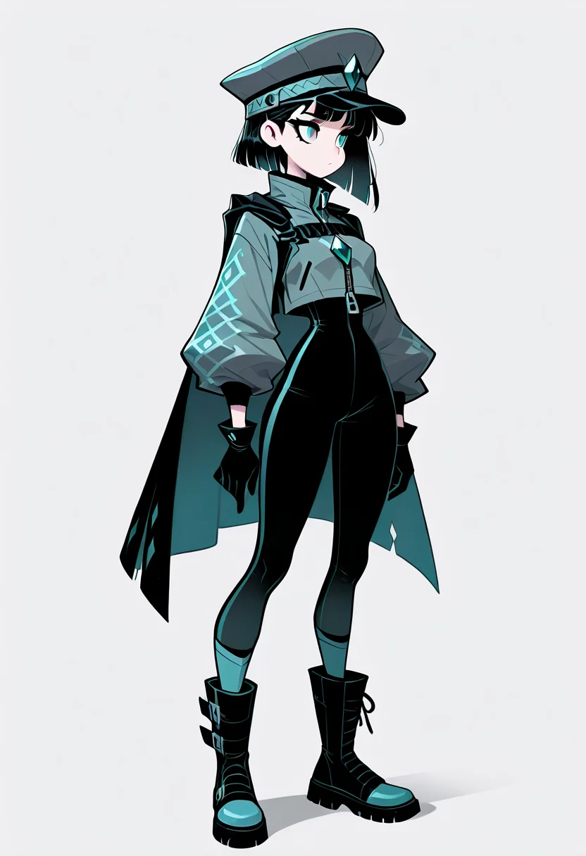 masterpiece, best quality, 1girl, solo, eyelashes, (beautiful eyes), solo, simple background, gloves, long sleeves, hat, white background, standing, jacket, full body, boots, black gloves, grey background, cape, black footwear, gradient, gem, zipper, blue footwear, <lora:Style60_IXL:1.0>,