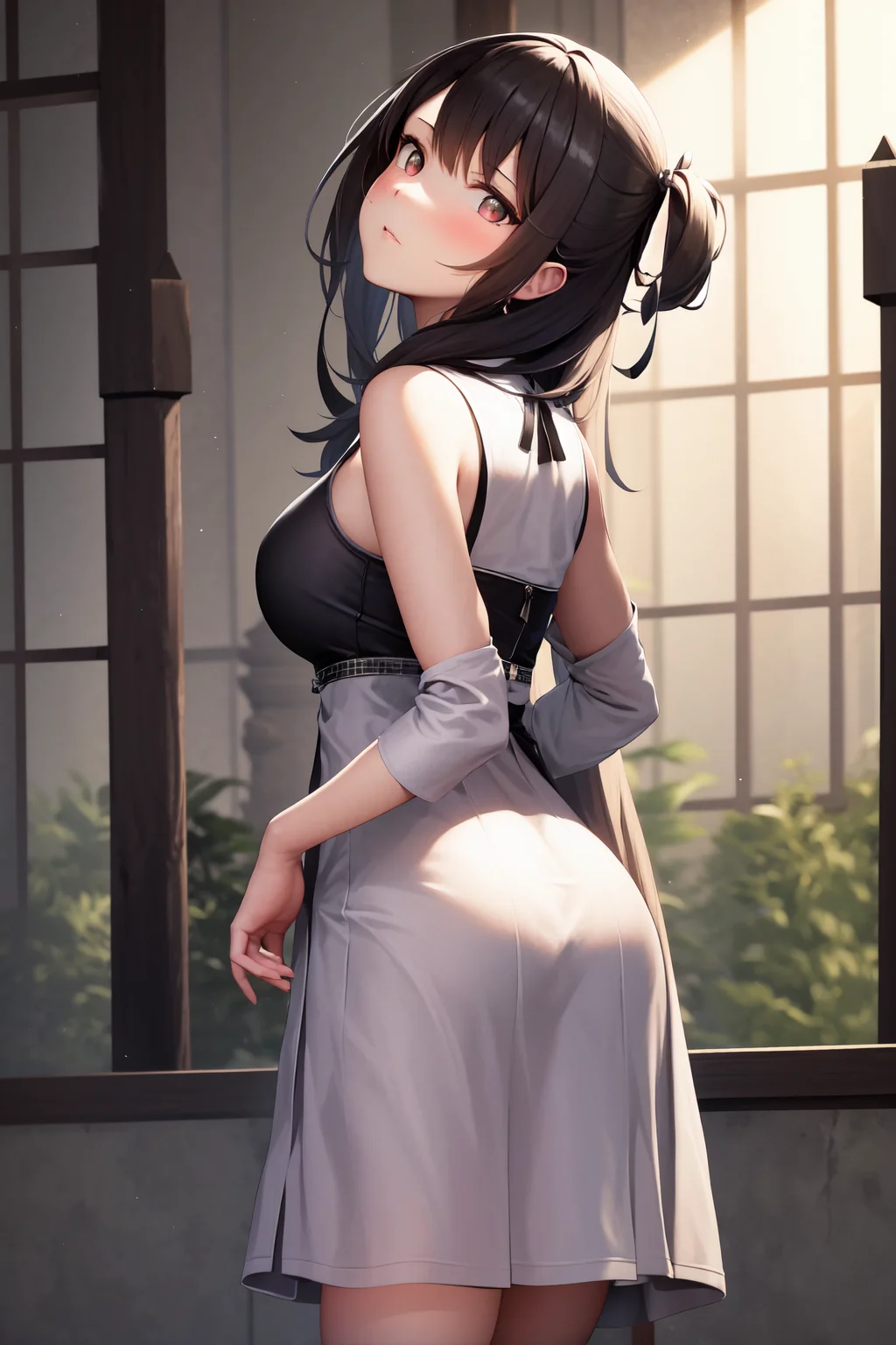 masterpiece, best quality, highres, 1girl, standing, from behind, shaft head tilt  <lora:shaft_head_tilt2:1.0>