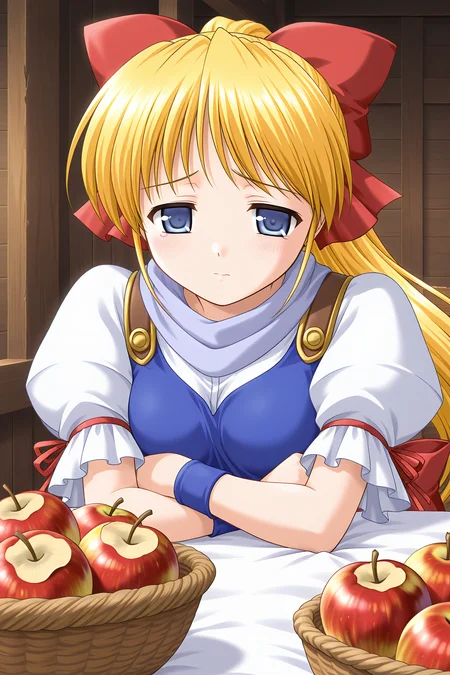 masterpiece, best quality, absurdres, official art, official style, rating general BREAK <lora:leticiaapple_IL_v1-1:0.7>, leticia apple, 1girl, solo, blue eyes, blonde hair, very long hair, high ponytail, small breasts, hair bow, large bow, red bow, casual, light purple scarf, blue tank top, white shirt, puffy short sleeves, red ribbon, arm ribbon, wristband, red sash, indoors, basket, apple, table, upper body, portrait, close-up,
blush, closed mouth, looking at viewer, sad