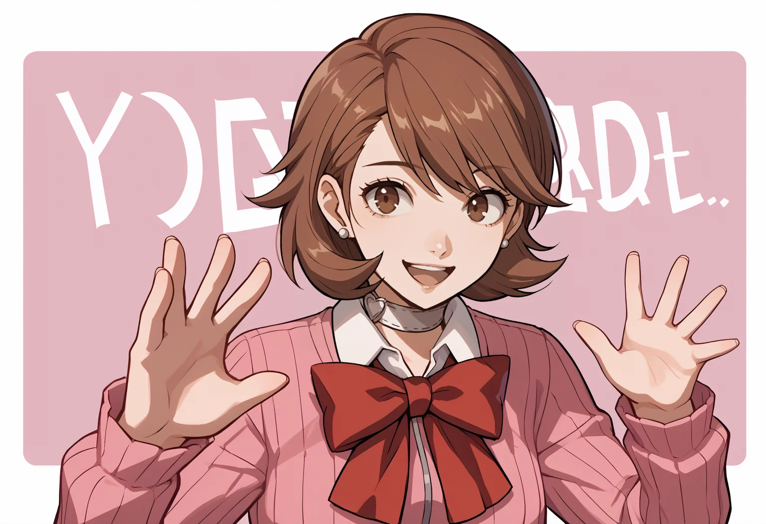 score_9, score_8_up, score_7_up, source_anime, <break> upper body, solo, 1girl, yukaridef, smile, open mouth, looking at you, fakemrbeast, hands up, brown hair, brown eyes, gekkoukan high school uniform, pink cardigan, collared shirt, red bow, long sleeves, earrings, white choker
<segment:yolo-face_yolov8m.pt,0.4,0.5//cid=1>