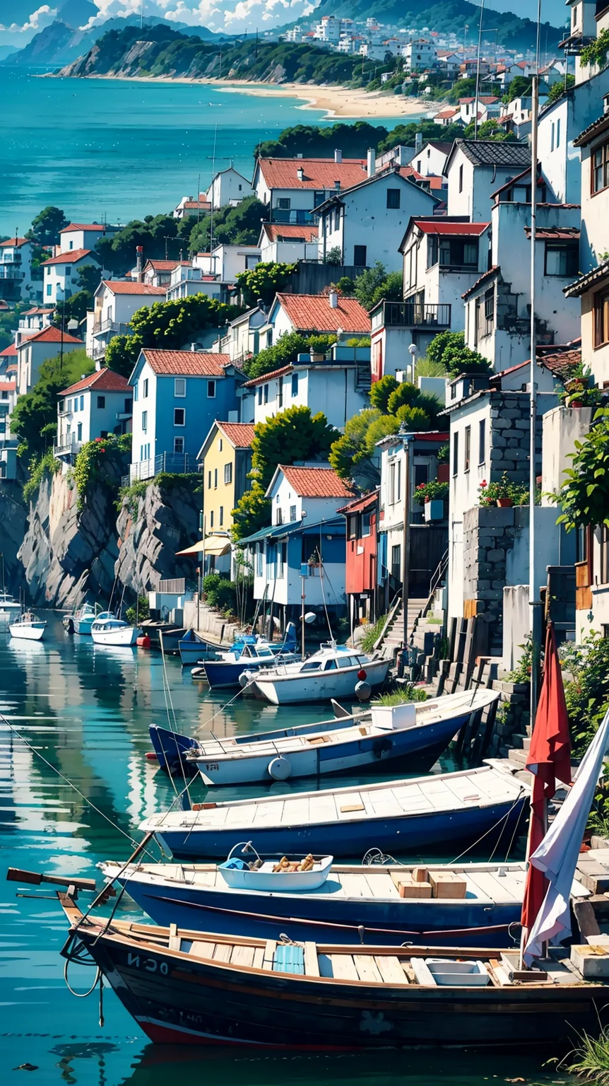 Op Art, Elaborate and intricately crafted, A sun-drenched coastal village, with colorful houses and fishing boats dotting the shore, cloudy, motivated light