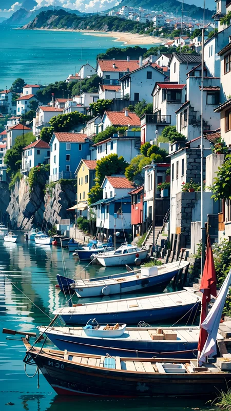 Op Art, Elaborate and intricately crafted, A sun-drenched coastal village, with colorful houses and fishing boats dotting the shore, cloudy, motivated light