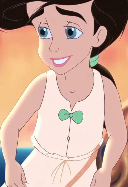 close up,melody,aqua eyes,black hair, ponytail,pink lips,smile,thick eyebrows,arms down,white undershirt,sleeveless,white pantalettes,green bowtie,green hairband,orange sunset beach backround,