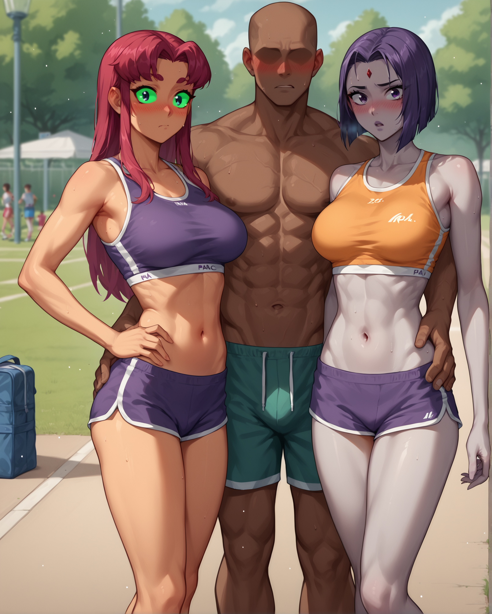 score_9, score_8_up, score_7_up, source_cartoon BREAK 2girls, 1boy, raven (dc), starfire, standing, looking at viewer, 2girls1boy, faceless male, dark-skinned male, sportswear, park, outdoors, netorare, blush, surprised, navel, midriff, muscular male, size difference, <lora:Girl_Sandwich_2girls_1boy:0.7>, hand on another's ass, rating_questionable