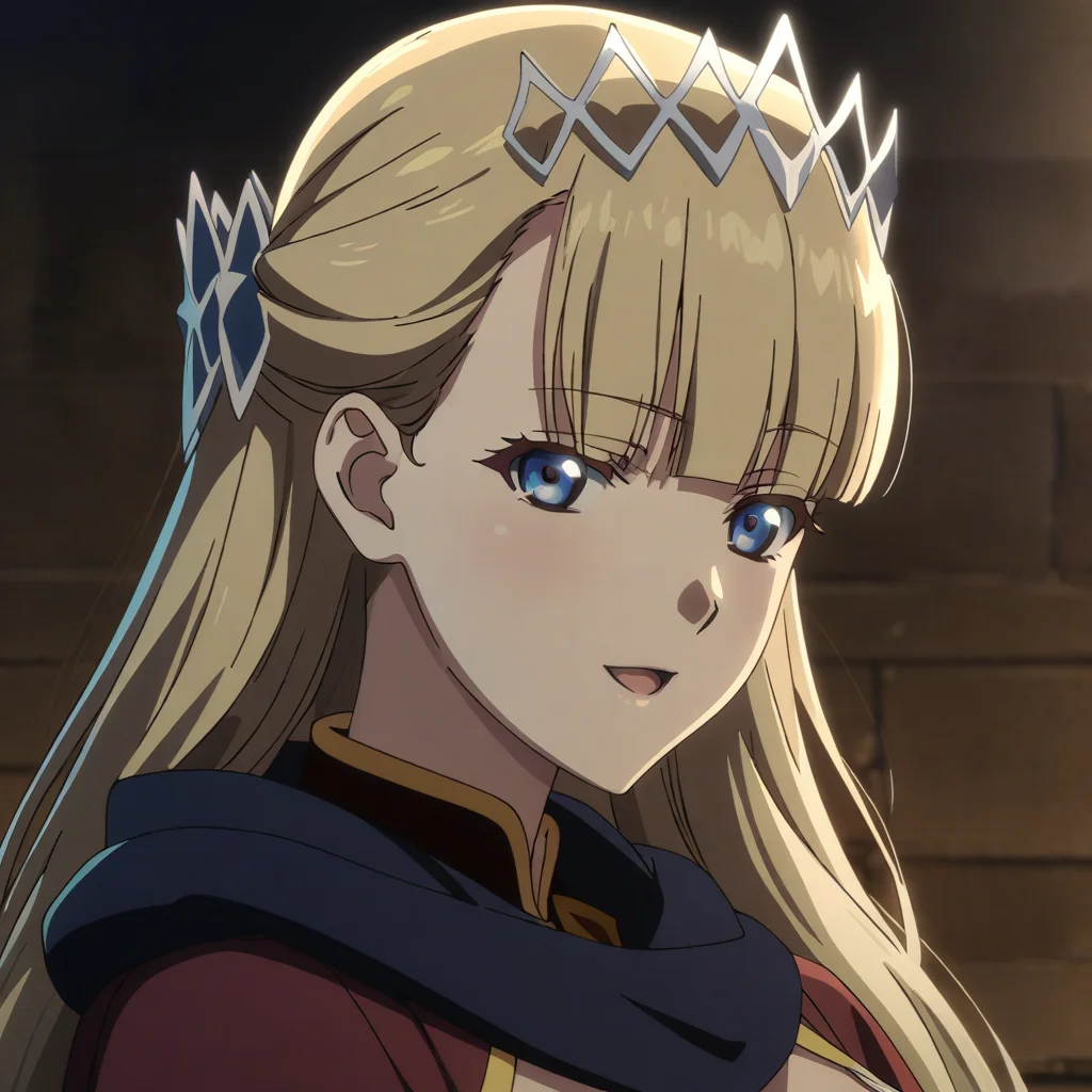 seras_ashrain, 1girl, blue eyes, solo, blonde hair, long hair, open mouth, bangs, blunt bangs, anime coloring, upper body view, seductive smile, portrait, looking at viewer, <lora:XL-SerasAshrain:1>, (masterpiece),(best quality),(ultra-detailed),(best illustration),(best shadow),(absurdres),(detailed background),(very aesthetic),