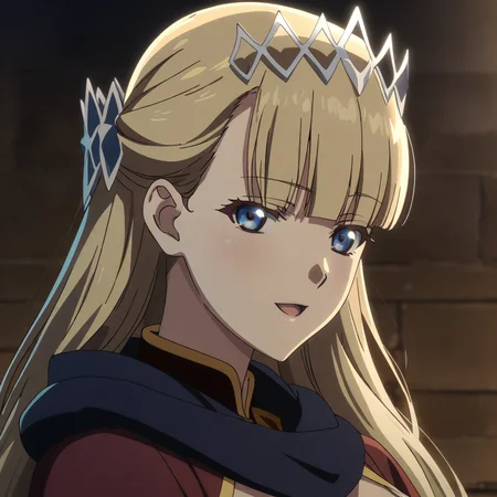 seras_ashrain, 1girl, blue eyes, solo, blonde hair, long hair, open mouth, bangs, blunt bangs, anime coloring, upper body view, seductive smile, portrait, looking at viewer, <lora:XL-SerasAshrain:1>, (masterpiece),(best quality),(ultra-detailed),(best illustration),(best shadow),(absurdres),(detailed background),(very aesthetic),