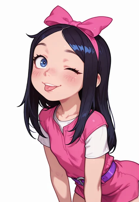 4k, fine detail, high quality eyes, masterpiece, best quality, amazing quality, geh1, 4s0r4,, eigaka, possmach, artist:moriimee, 1 girl, solo girl, young, Isabella, black hair, bent over, smile, ;p, blush, dark blue eyes, long hair, hair bow, pink bow, white undershirt, pink dress, short dress, short sleeves, purple belt, upper body,