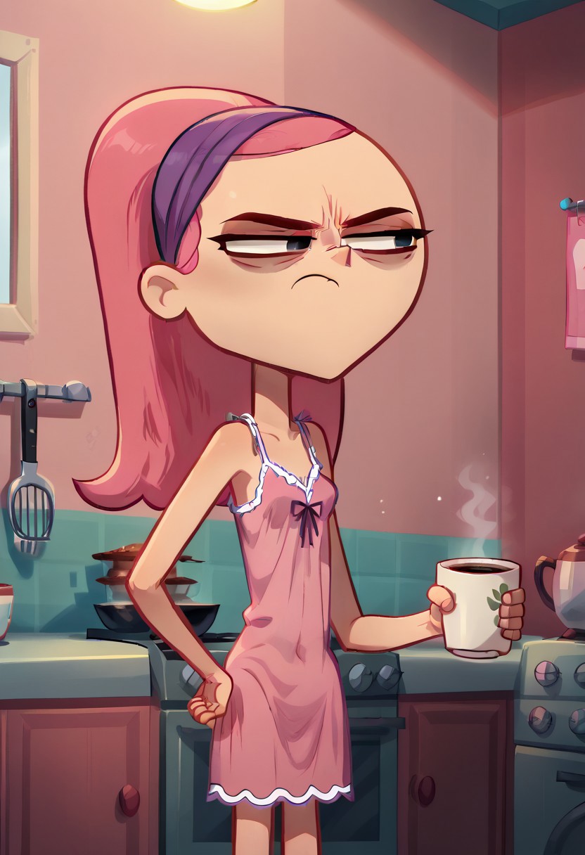 score_9, 1girl, solo, trina riffin, pink hair, frown, closed mouth, indoors, room, pink room,
wear only nightgown, loose clothes, one hand holding a cup of coffee, one hand on hip, sleepy eyes, eyes half close, baggy eyes, kitchen background,
