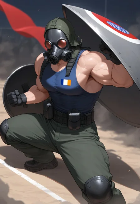 masterpiece, best quality, amazing quality, very aesthetic, absurdres, newest, detailed background, Muscular man, solo, 1boy, Colombian flag, sleeveless shirt, very muscular body, gas mask, shield with the Colombian flag, in protests, riots, fighting stance.