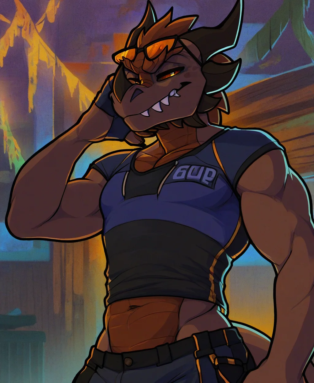 <lora:kabsraptorxl-000043:0.9>, source_furry, 1boy, cowboy shot, kane (kabscorner), dirty alleyway background at night, solo, body guard, uniform, jewelry, tight dark blue muscle shirt, bara, broad shoudlers, upper body, portrait, low angle, looking at viewer, tail, horns, teeth, colored sclera, brown skin, tail, muscular, bored, plated hair, scales, club background, black gloves, sunglasses, eyewear on head, yellow slcera, orange tinted eyewear, black pants, sharp teeth, muscular
score_9, score_8_up, score_7_up, <lora:add-detail-xl:1.4>, <lora:incase---1:0.6>
