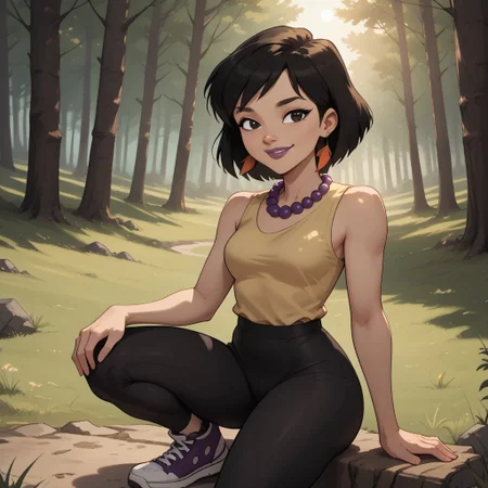 score_9, score_8, BREAK, solo, black hair, black eyes, purple lips, purple necklace, feather earrings, sleeveless shirt, leggings, sneakers, total drama, Sky_(\Total_Drama\), cute, tdpi, sexy pose, smile, outdoors, sunlight, shadows, evening lighting, natural lighting, forest, trees, grass, orange sky, sunset