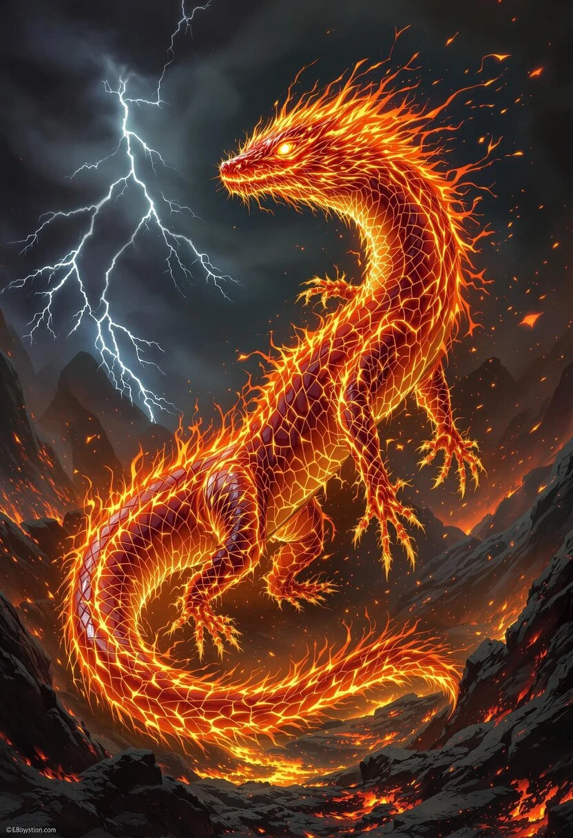 An epic depiction of a fiery salamander, its body glowing with intense, molten-orange and red flames that radiate heat and energy. The salamander's sleek, scaled body shimmers as if forged from molten rock, with intricate patterns resembling flowing lava. Its eyes burn like miniature suns, exuding a powerful and otherworldly presence. Surrounding the salamander is a scorched, volcanic landscape with jagged black rocks, glowing magma rivers, and smoke rising into a dark, stormy sky lit by flashes of lightning. Sparks and embers fly around it, emphasizing its raw elemental power as it stands poised, a mythical embodiment of fire itself