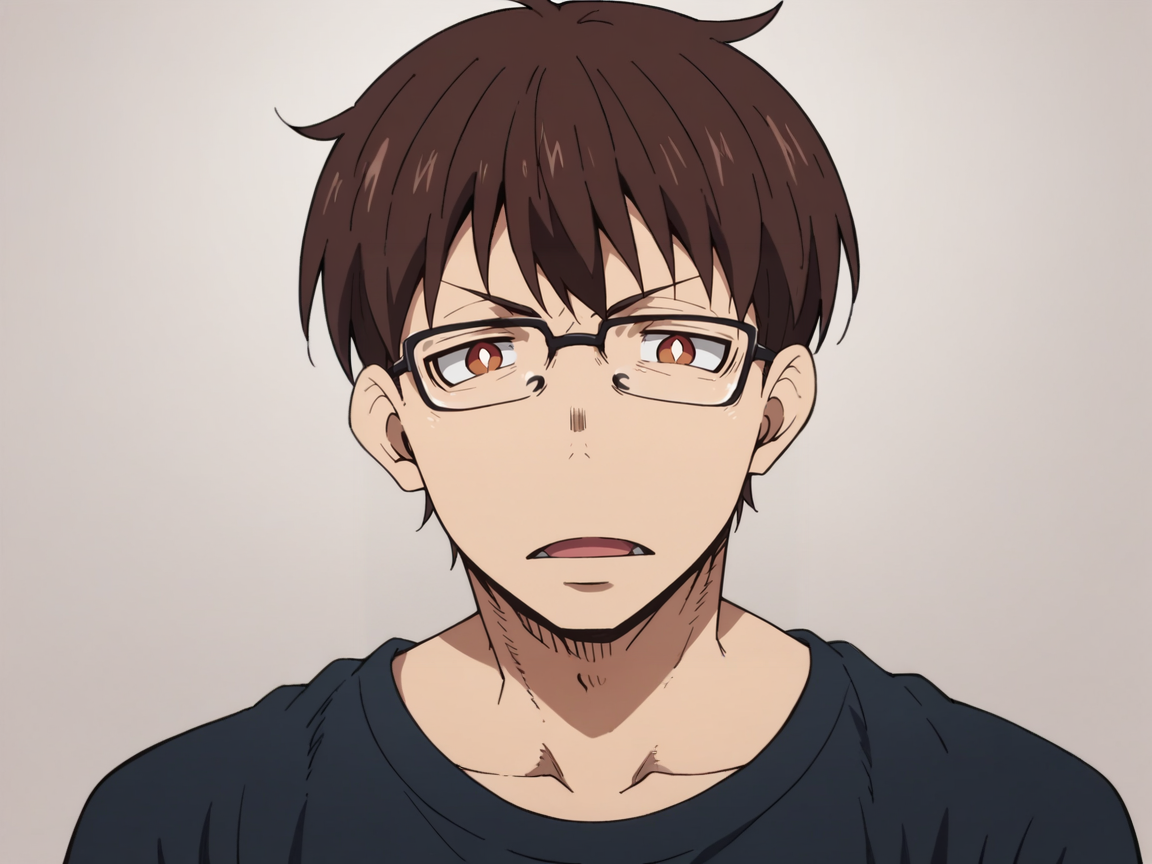 score_9, score_8_up, score_7_up, score_6_up, score_5_up, <lora:fforceXLP:1> fforce, 1boy, male focus, glasses, brown hair, solo, brown eyes, open mouth, anime coloring, looking at viewer, shirt