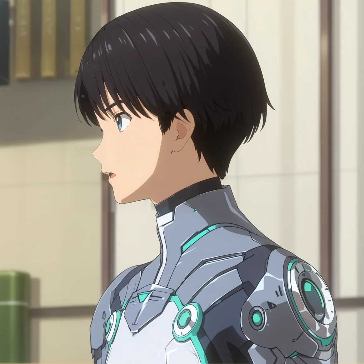 score_9,score_8_up,score_7_up,score_6_up,source_anime,masterpiece,best quality,high-detailed,Ray Tracing,<lora:KOJIMA:1>,1boy, Daisuke DojimaB, blurry ground, blurry, blue eyes, male focus, solo, black hair, profile, upper body, bodysuit, open mouth, plugsuit, indoors, from side, parted lips, pilot suit