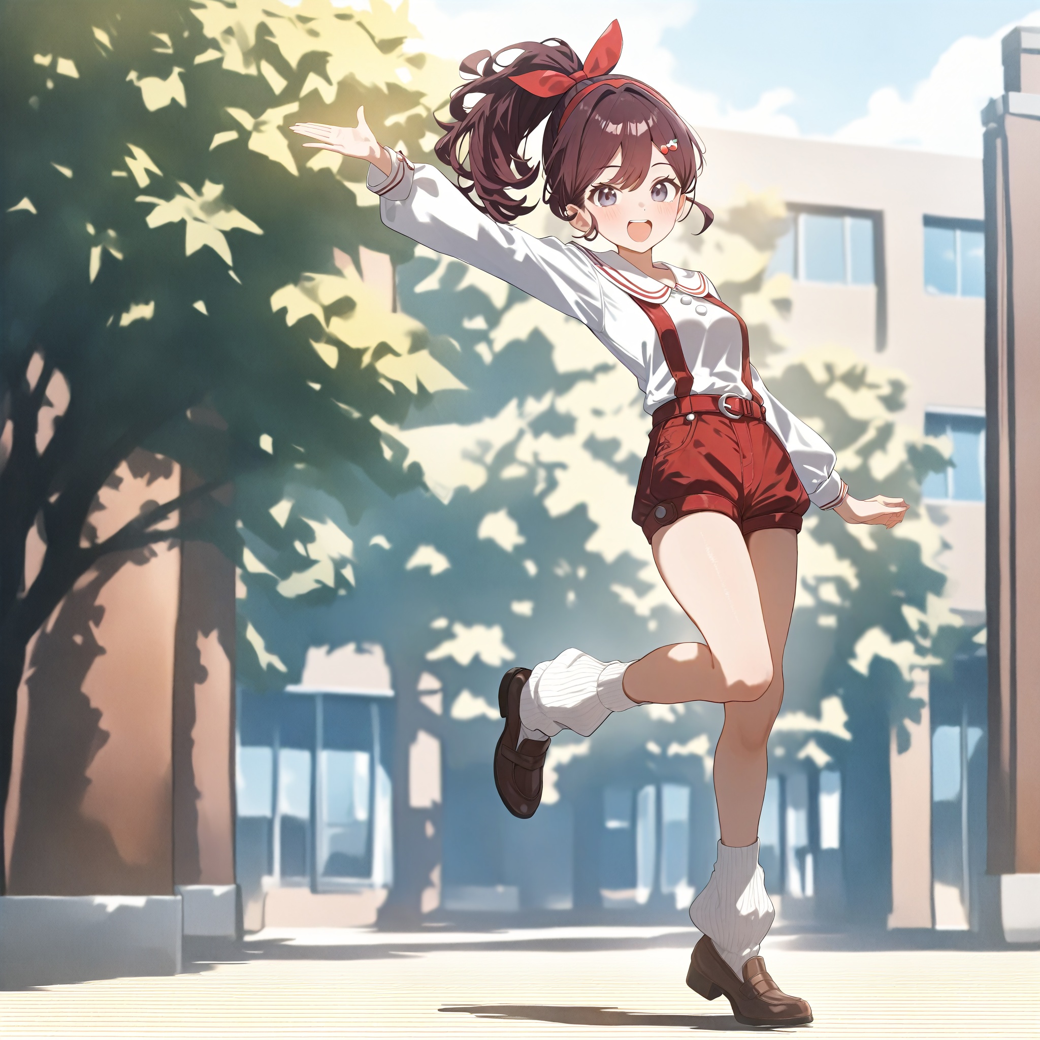 1 girl, solo, full body, Ruirui, (red:1.1) bowknot on hair, dark maroon hair, medium hair, high ponytail, wide collar, white shirt, white long sleeves, (red overall:0.7), minipants, kneesocks, long bubble socks, brown shoes, standing on one foot, open mouth, campus, masterpiece, high score, great score, absurdres, detailed background <lora:Ruirui40XL:1>