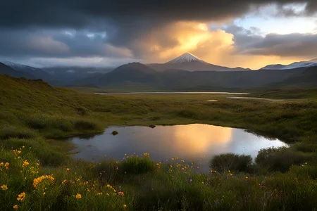 Stable_Yogis_PDXL_Positives,<lora:age_slider_v4:-2>,A picturesque scene of the high-altitude lagoons in Ecuador, surrounded by majestic mountains and vibrant wildflowers, The scene is set at sunrise, with soft light reflecting off the water, The atmosphere is tranquil and inviting, celebrating the beauty of nature,(A moody late afternoon with heavy, dark clouds and a hint of sunlight breaking through. The atmosphere is dramatic and filled with anticipation, capturing a moment of transition),âââ
